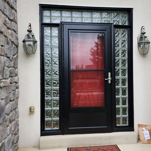 Red exterior Storm door in a Pennsylvania Home
