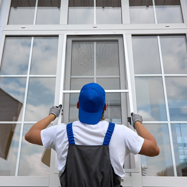 A worker is installing a window in Mechanicsburg, PA.